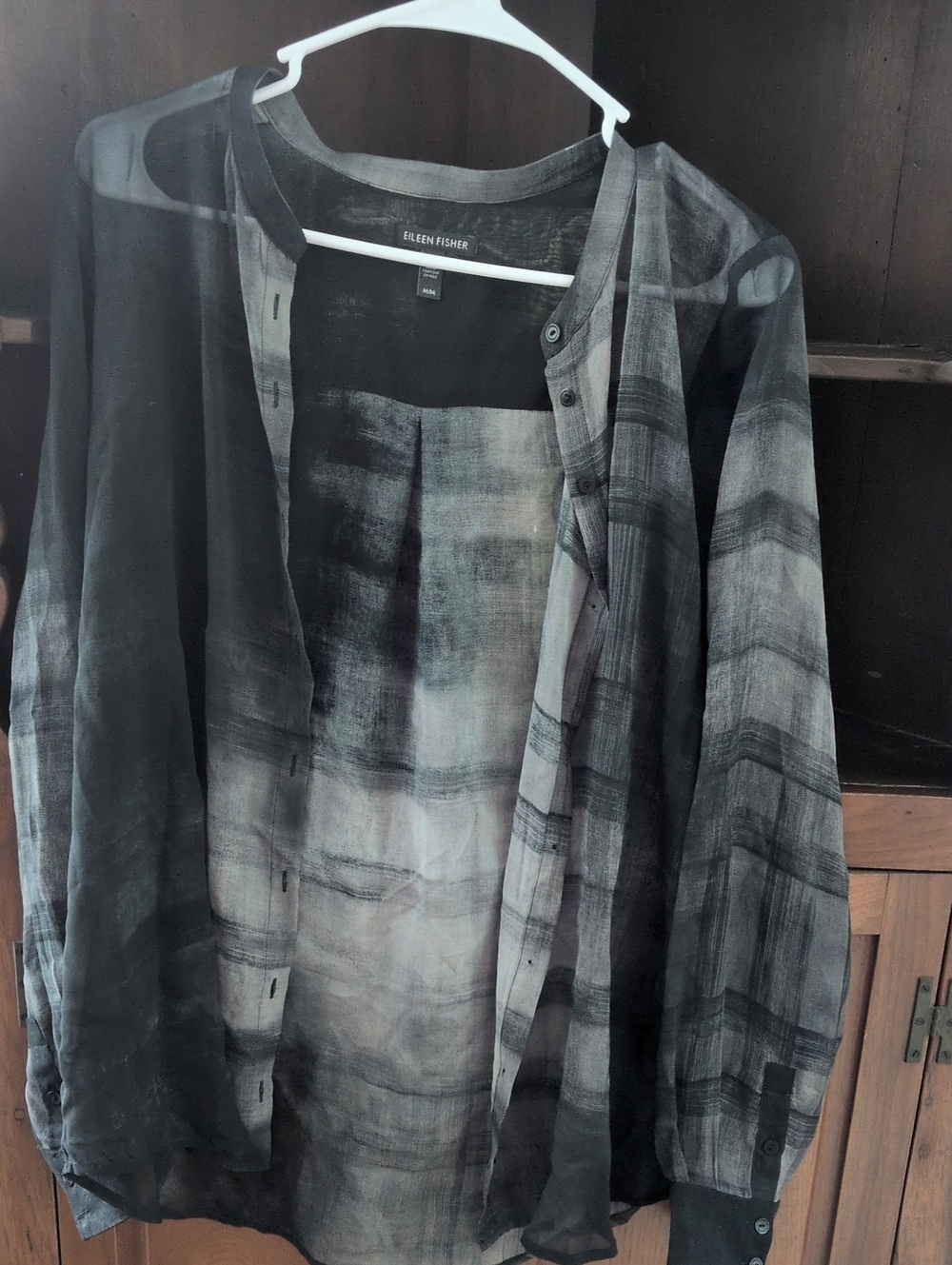 Eileen Fisher Black & Gray Sheer Lightweight Button-Front Blouse. Silk, Size M